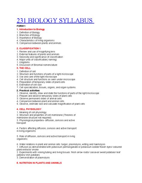 Biology Syllabus - 231 BIOLOGY SYLLABUS FORM 1 Introduction to Biology ...