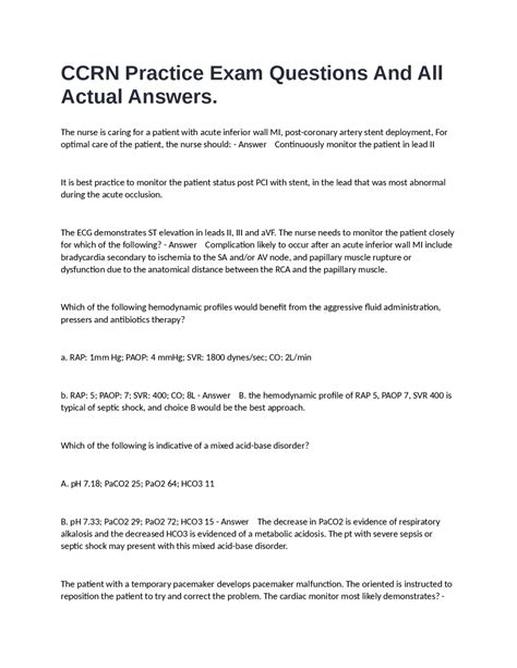 CCRN Practice Exam Questions and Answers: Critical Care Nursing | Exams ...