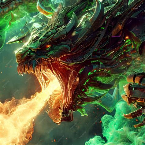 Premium Photo | Beautiful Green Mystic Dragon with Steel Skin and Creator of Liquid Acid Green Fire