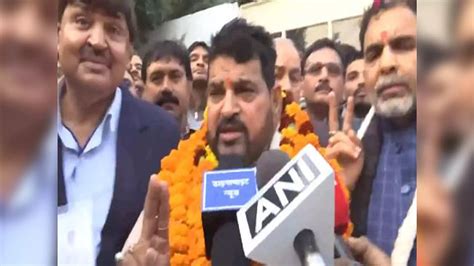 Brij Bhushan celebrates after his aide Sanjay Singh elected WFI president