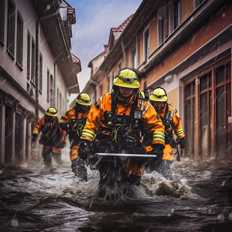 A group of firemen are in the water, one of them is wearing a yellow ...
