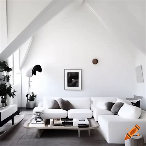 Spacious white living room with wide angle perspective on Craiyon