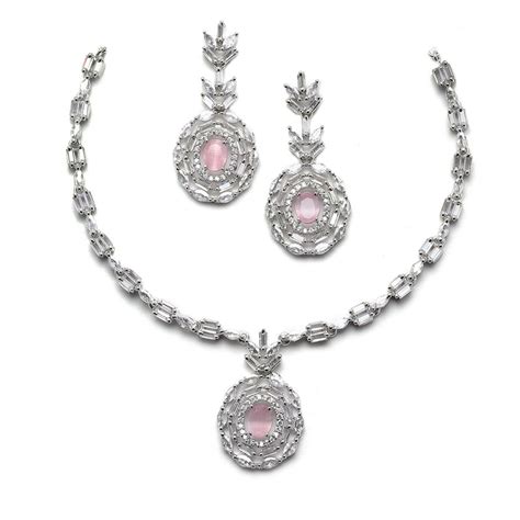 Rhodium-Plated Silver Toned Square Pink American Diamond Studded Neckl