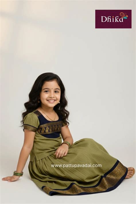 Olive Green & Navy Blue Cotton Pavadai Sattai for Girls | Kids Traditi