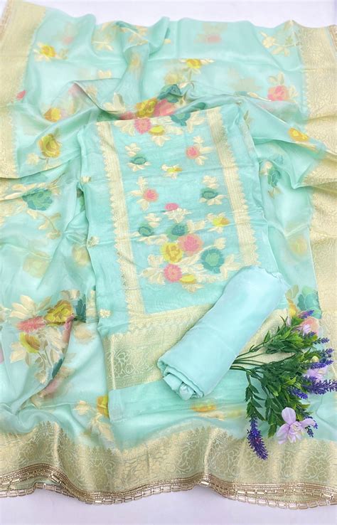Organza Banarasi Light Sea Green Suit Fabric / Banarasi Begum Collecti ...