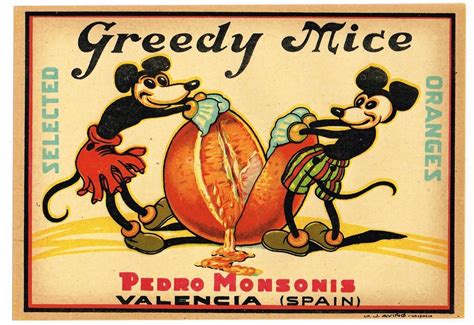 ORIGINAL VINTAGE CRATE LABEL SPANISH C1930S SPAIN GREEDY MICE MICKEY ...