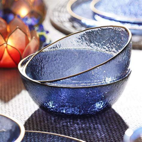 Set of 2 Blue Textured Rim Detail Bowls - Small