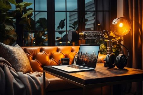 A modern desk setup with a laptop and a lamp ai | Premium AI-generated ...