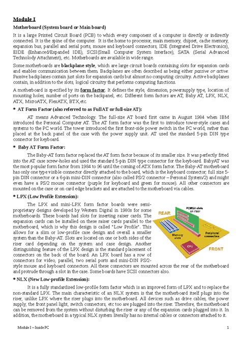 Computer System Hardware Module 1 - Module I Motherboard (System board ...