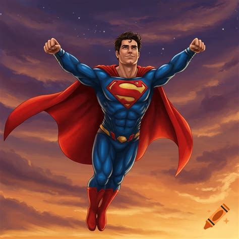 Superman flying upwards against a sunburst background. on Craiyon