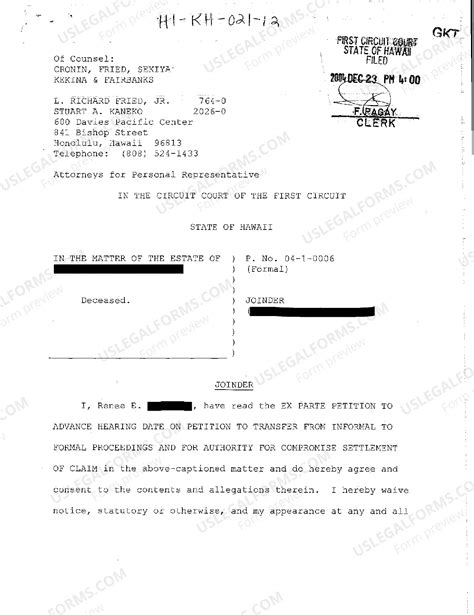 Hawaii Joinder by Minor Decedent's Mother and Waiver of Rights to ...