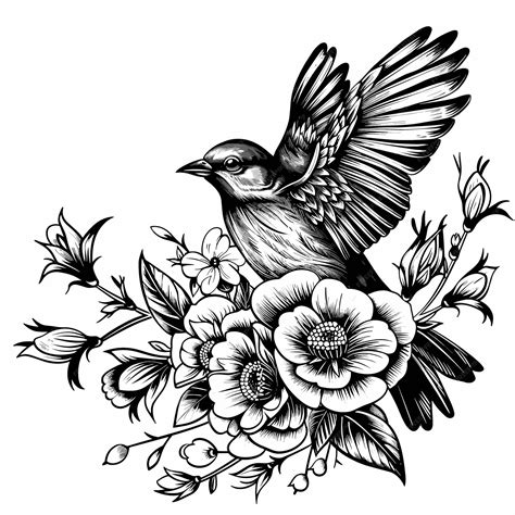 A black and white drawing of a bird with flowers in the background ...
