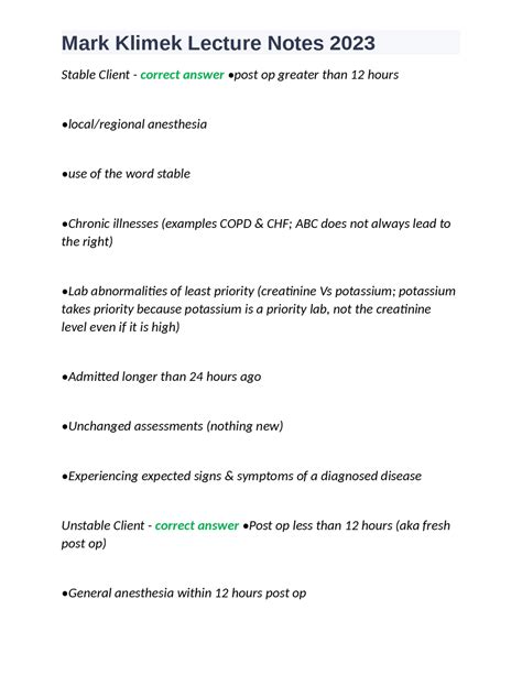 Mark Klimek Lecture Notes 2023 | Exams Nursing | Docsity