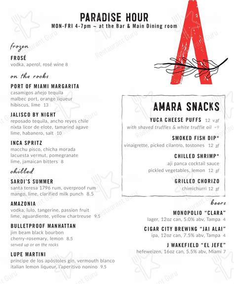 Carta del pub y bar Amara at Paraiso, Miami
