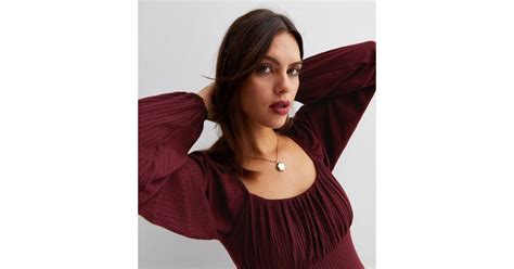 Burgundy Ribbed Jersey Long Puff Sleeve Bustier Top | New Look