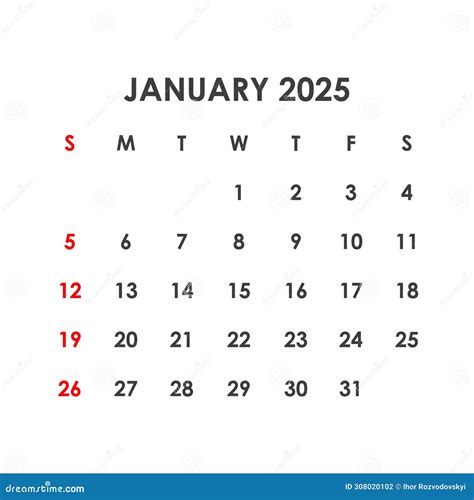 January 2025 Calendar. Week Starts on Sunday. Stock Vector ...