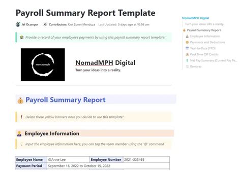 Image result for Payroll Summary Example