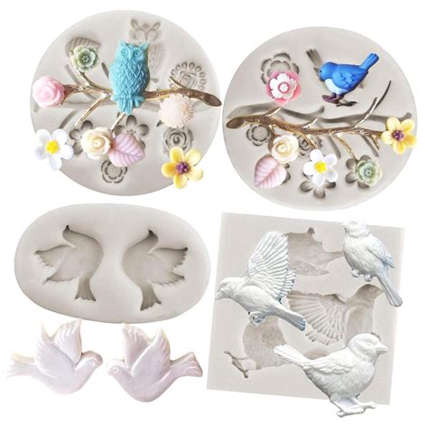 FREEAMG 3D Birds Silicone Molds Tree Branch Leaves Fondant For Cupcake ...