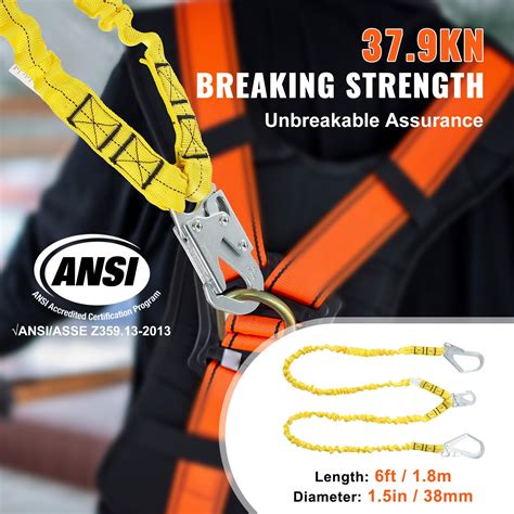 VEVOR 38mm Safety Lanyard, 6ft(1.83m) Fall Protection Lanyard with 2 ...