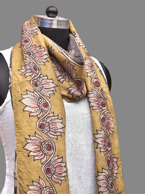 Grey and Mustard Kalamkari Hand Painted Sico Dupatta with Floral and ...
