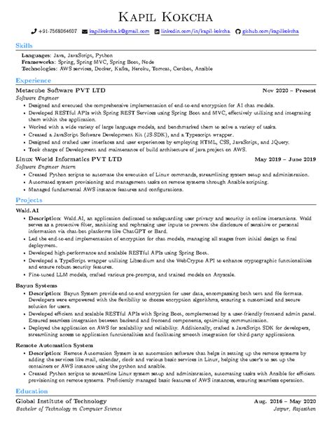 Kapil Kokcha - Software Engineer Resume (Java, Python, AWS) - Studocu
