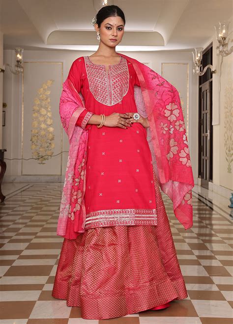 3 Pc Pink Semi Stitched Silk Suit Set