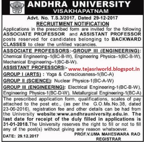 ANDHRA UNIVERSITY RECRUITMENT OF ASSISTANT PROFESSORS and ASSOCIATE ...