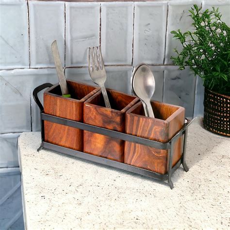 Mfs Craft World Wooden Cutlery Holder Wrought Iron Spoons Stand For ...
