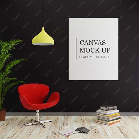 Canvas mock up with red chair, books and plant | Premium PSD
