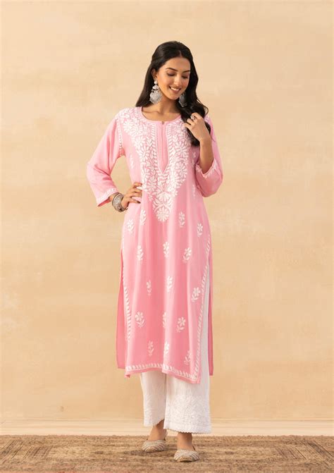 Isha Rayon Cotton Chikankari Kurti- Baby Pink – The Lucknowi Chikan