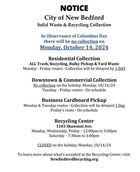 City of New Bedford recycling/trash schedule for Columbus Day - New ...