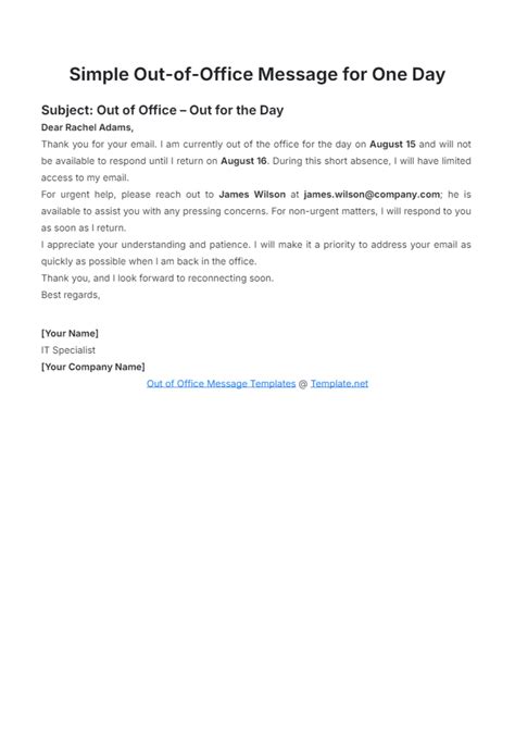 Simple Out of Office Message for One Day Template - Edit Online & Download Example | Template.net