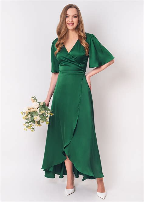 Emerald green silk satin long wrap dress, silk dress, wrap dress ...