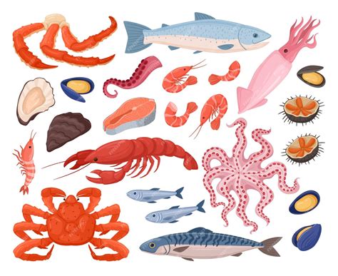 Premium Vector | Cartoon raw sea food fish lobster oyster octopus and shellfish delicious ocean ...