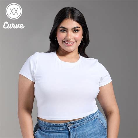Buy Twenty Dresses by Nykaa Fashion Curve White Solid Crew Neck Fitted ...