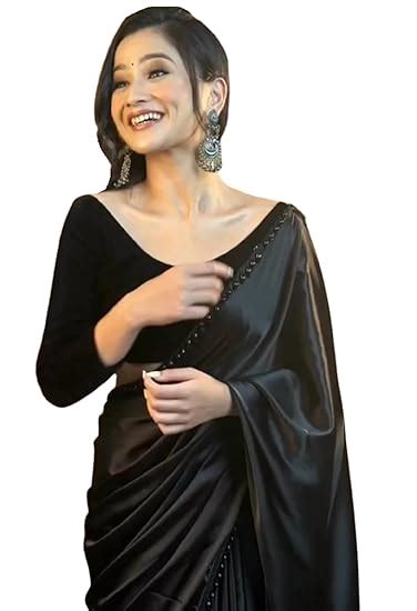 SATAZ Women's Ready to Wear Black Satin Silk 1 Minute Pre Pleated Heavy ...