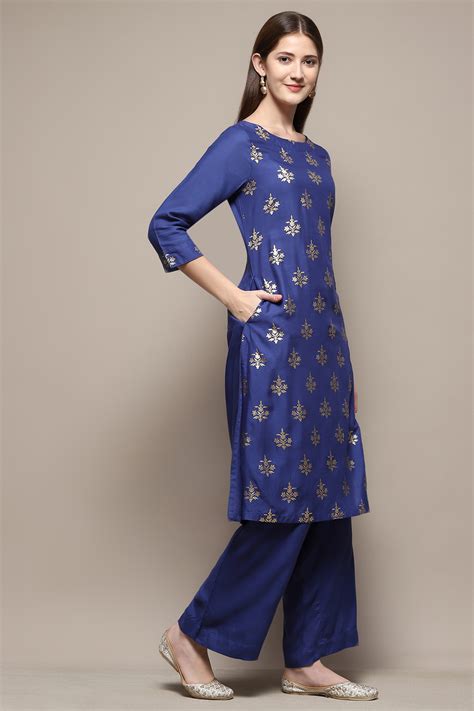 Buy Blue Rayon Straight Kurta Palazzo 2 Piece Set Online at Biba Global