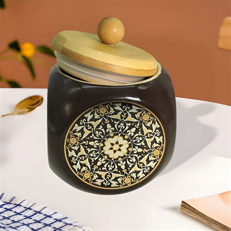 Lemon Tree 1000ml Brown Ceramic Storage Jar with Wooden Airtight Lid ...