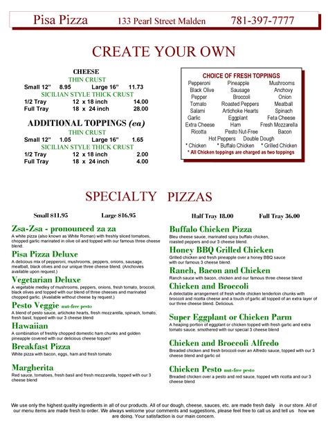 Menu at Pisa Pizza. pizzeria, Malden