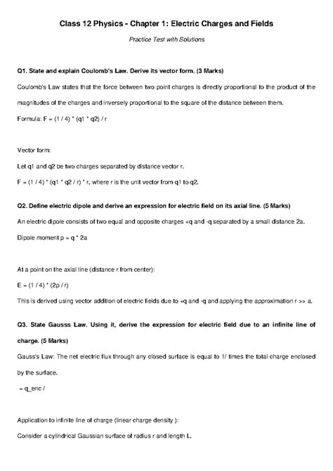 Class 12 Physics Chapter 1: Electric Charges & Fields Test Solutions ...