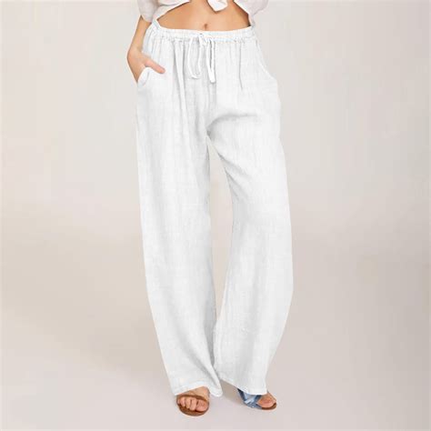 Viadha Women's Wide Leg Pants, Cotton Linen, Elastic Waist, Lightweight ...