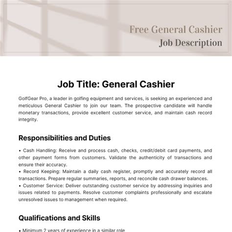 Free General Cashier Job Description Template to Edit Online