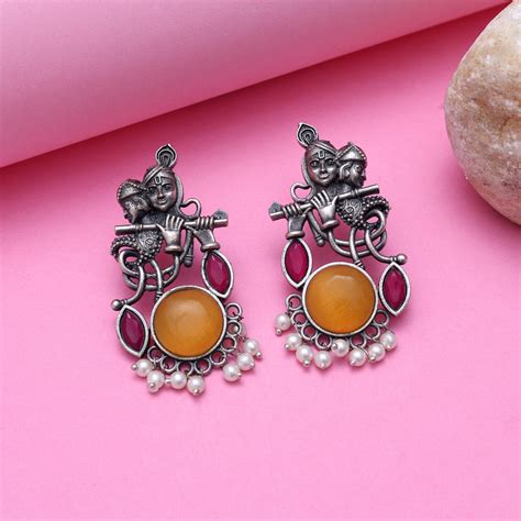 Mustard Yellow Color Lord Radha Krishna Monalisa Stone Oxidised Earrin ...
