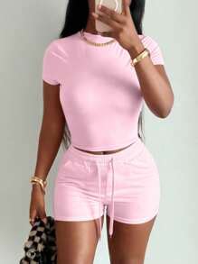 LovelyWholesale Women'S Casual Daily Solid Color Round Neck Short ...