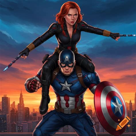 Black Widow on Captain America's shoulders, both in action poses on a ...