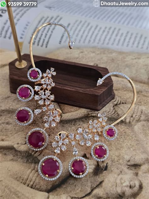 Premium Gold Plated Floral Ear Cuff Earrings with Ruby and Emerald Gem ...