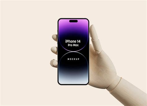 Wooden Hand Holding iPhone 14 Pro Max Mockup | Free PSD Templates
