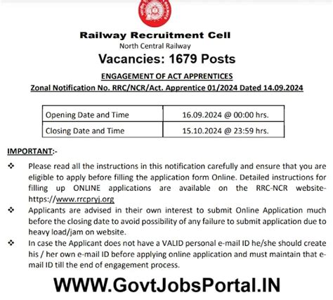 RRC North Central Railway Recruitment 2024 | Railway Jobs in India for ...