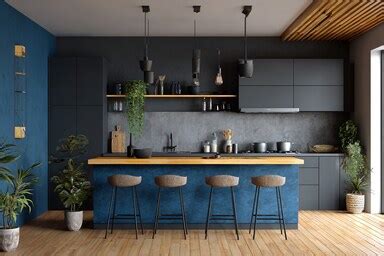 Dramatic Black and Blue Wall Colour Combination for Kitchen with Slim ...