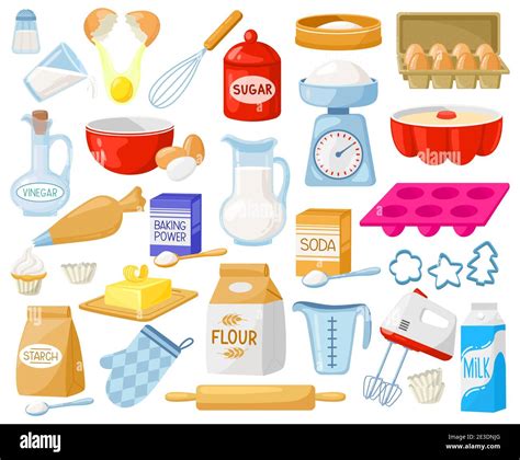 Cartoon baking ingredients. Bakery ingredients, baking flour, eggs ...